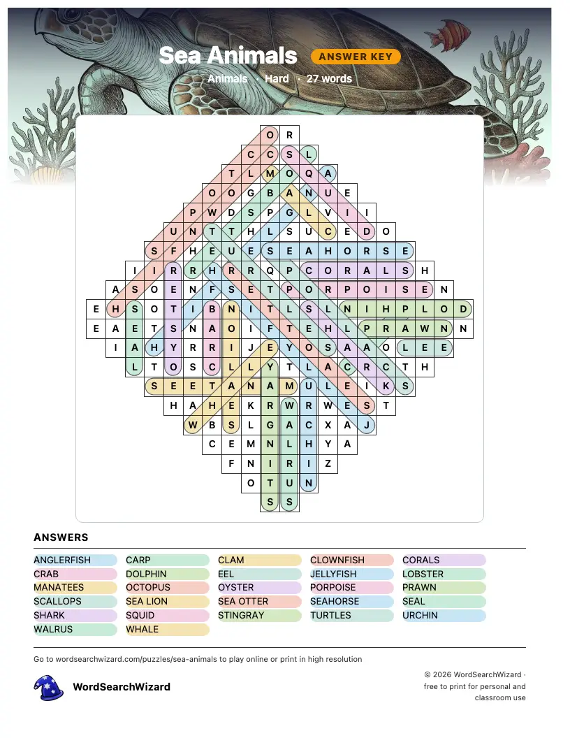 Sea Animals word search answer key, all 27 words marked
