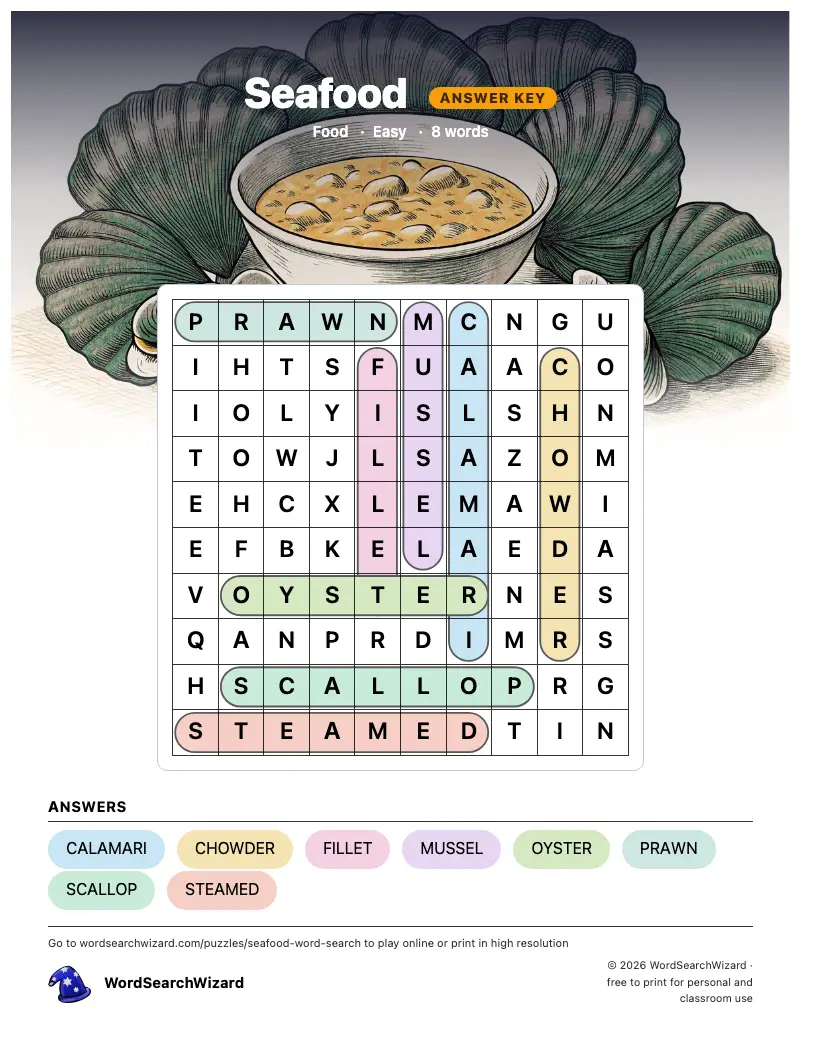 Seafood word search answer key, all 8 words marked