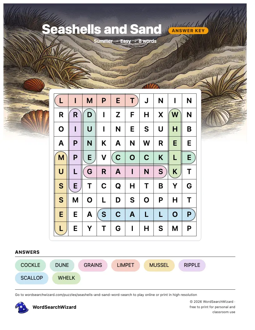 Seashells and Sand word search answer key, all 8 words marked