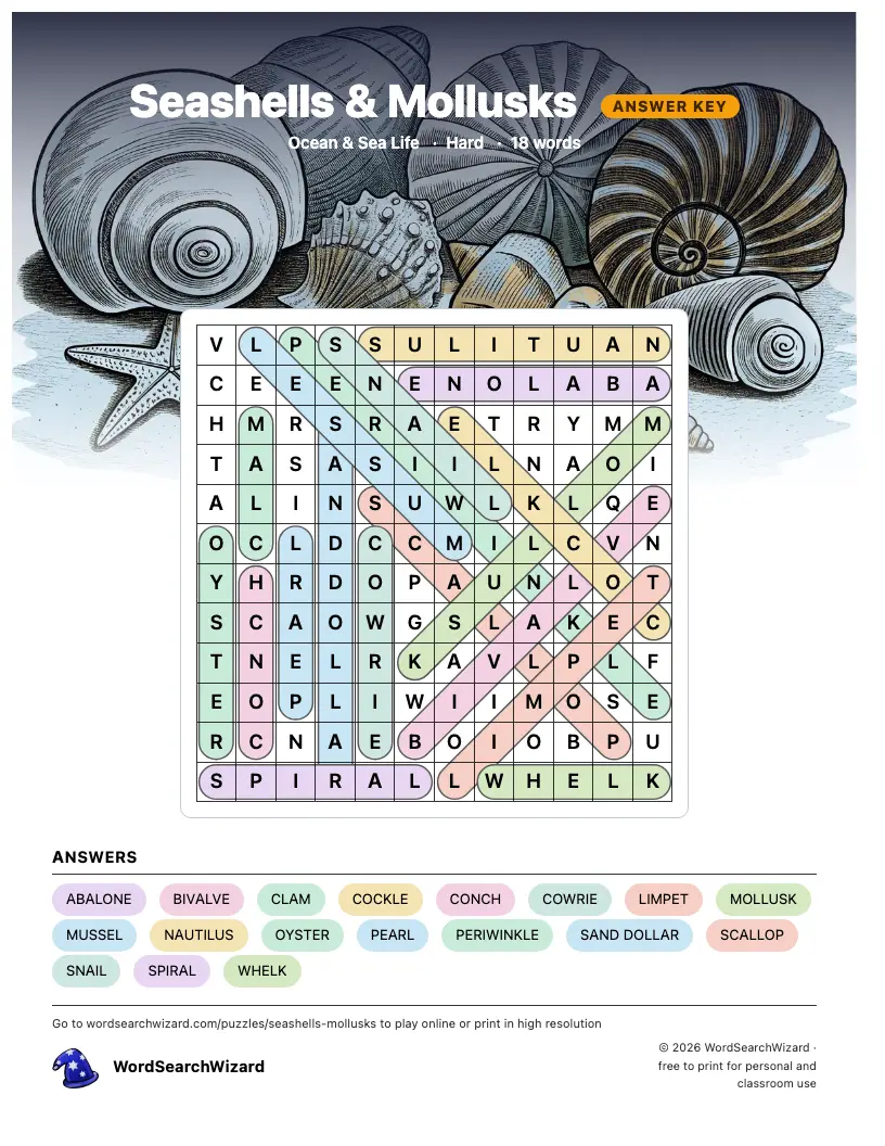 Seashells & Mollusks word search answer key, all 18 words marked