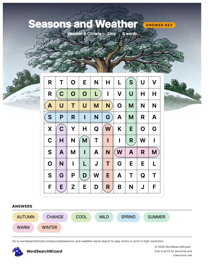 Seasons and Weather word search answer key, all 8 words marked