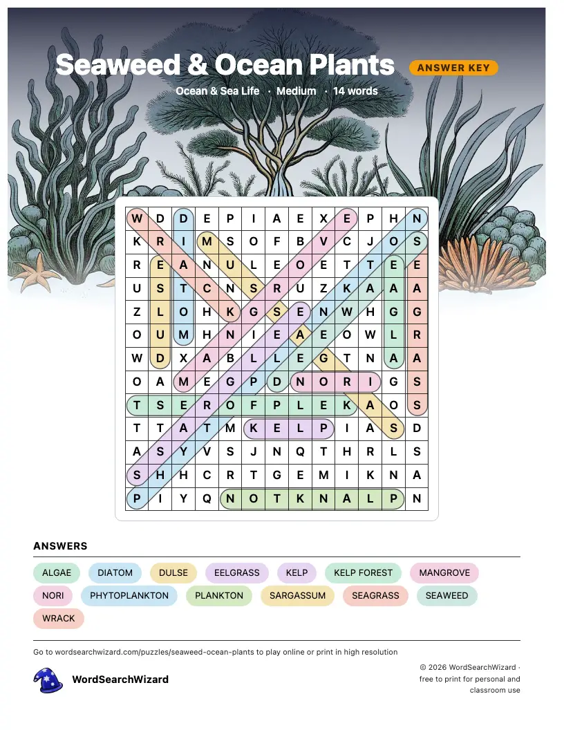 Seaweed & Ocean Plants word search answer key, all 14 words marked