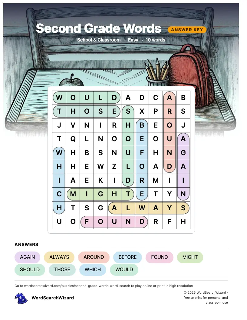 Second Grade Words word search answer key, all 10 words marked