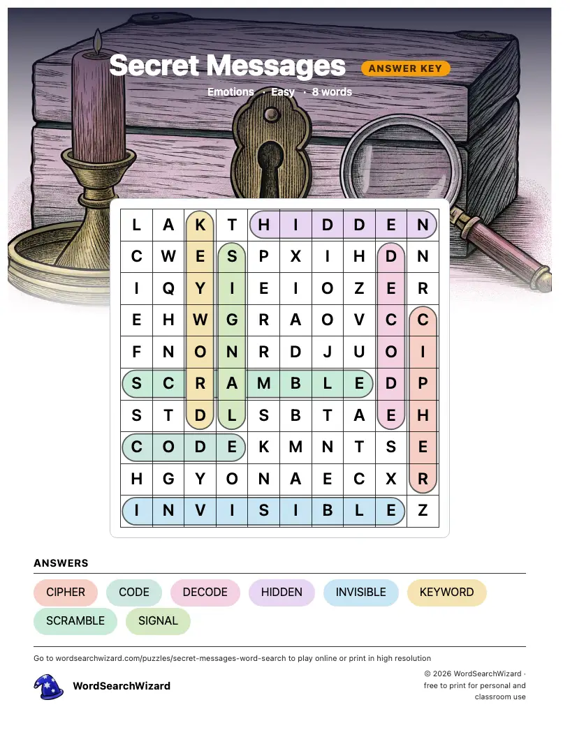 Secret Messages word search answer key, all 8 words marked