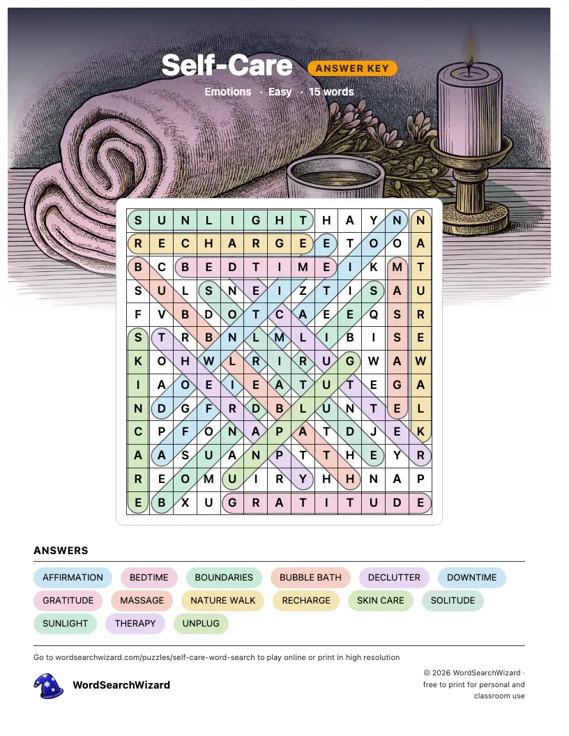Self-Care word search answer key, all 15 words marked