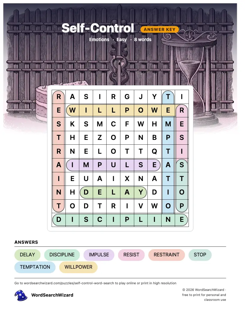 Self-Control word search answer key, all 8 words marked
