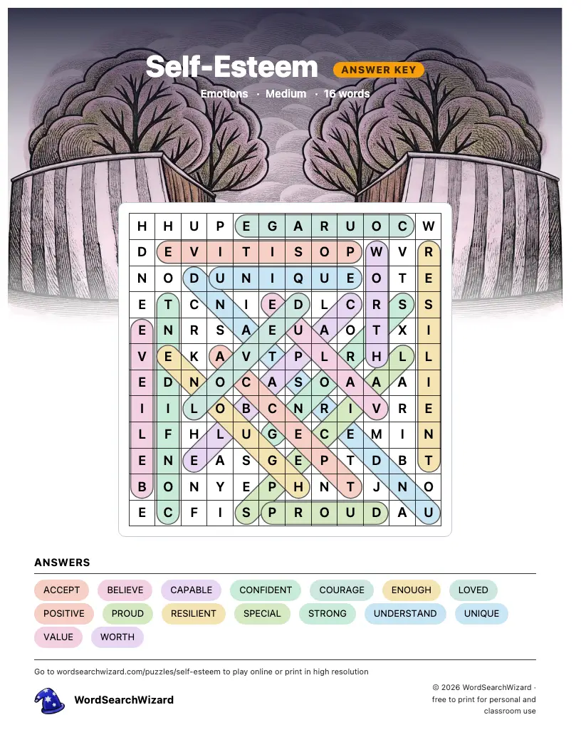 Self-Esteem word search answer key, all 16 words marked
