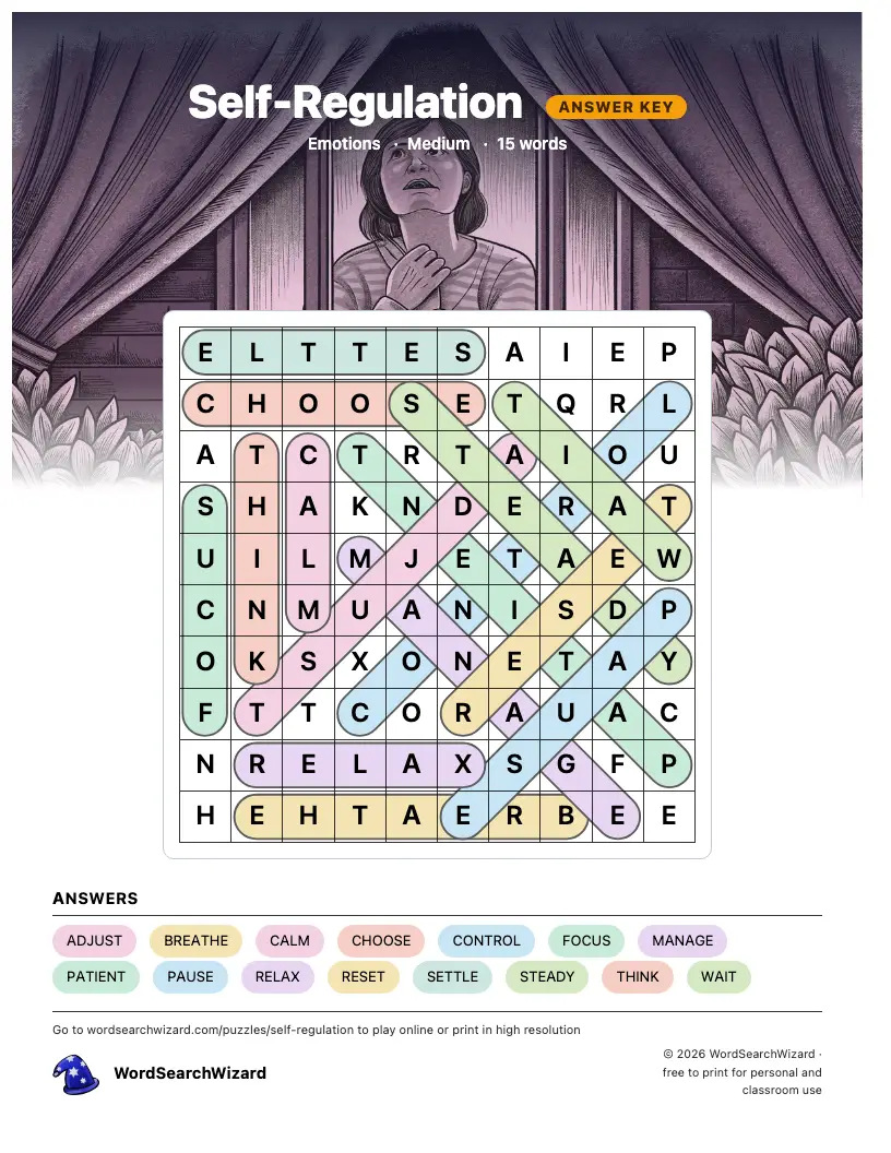 Self-Regulation word search answer key, all 15 words marked