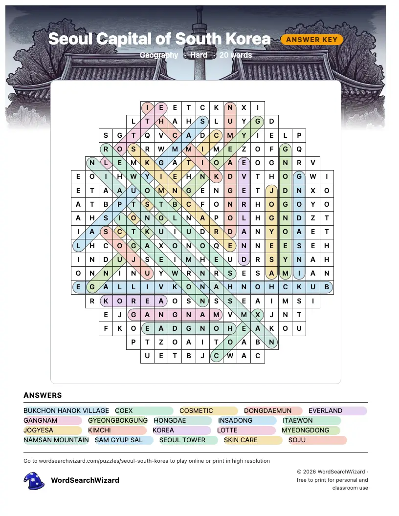 Seoul Capital of South Korea word search answer key, all 20 words marked