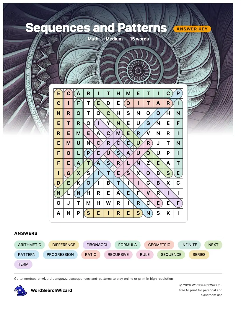 Sequences and Patterns word search answer key, all 15 words marked