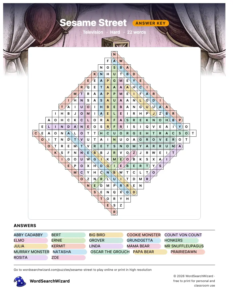 Sesame Street word search answer key, all 22 words marked