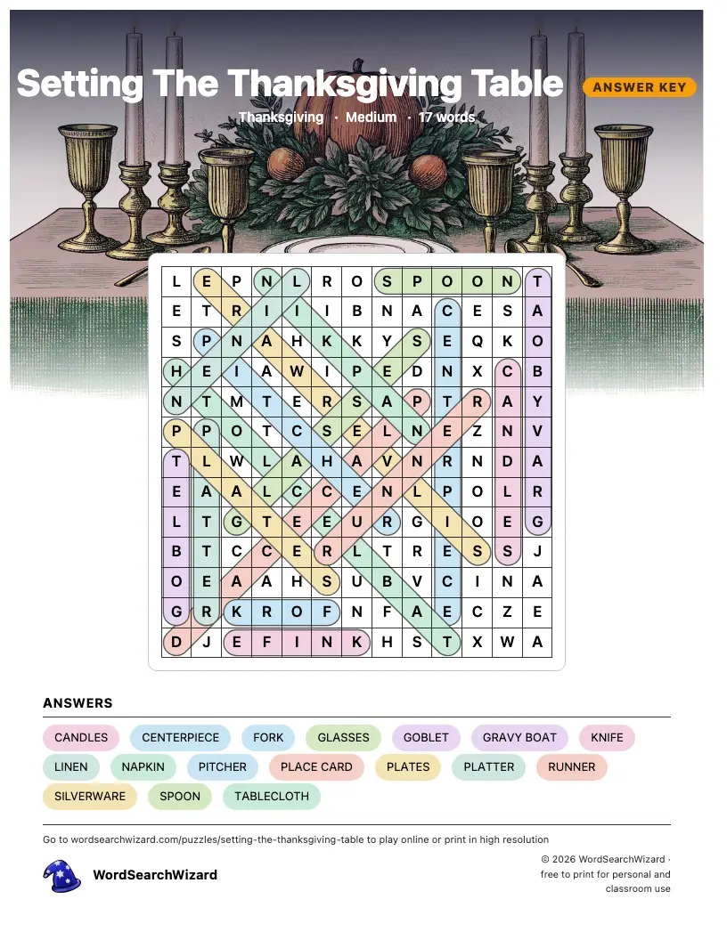 Setting The Thanksgiving Table word search answer key, all 17 words marked