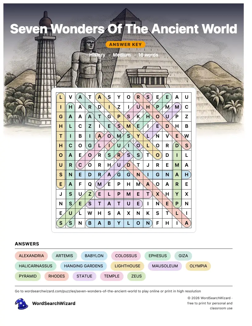 Seven Wonders Of The Ancient World word search answer key, all 16 words marked