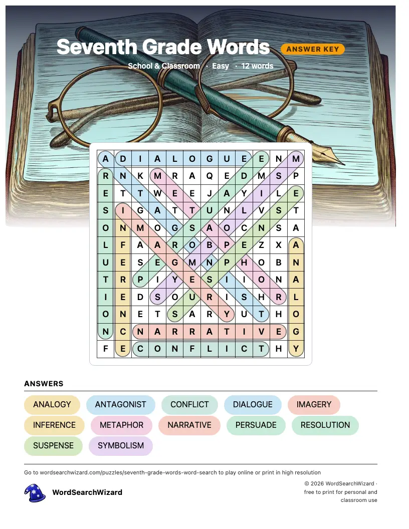 Seventh Grade Words word search answer key, all 12 words marked