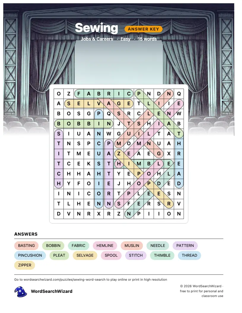 Sewing word search answer key, all 15 words marked