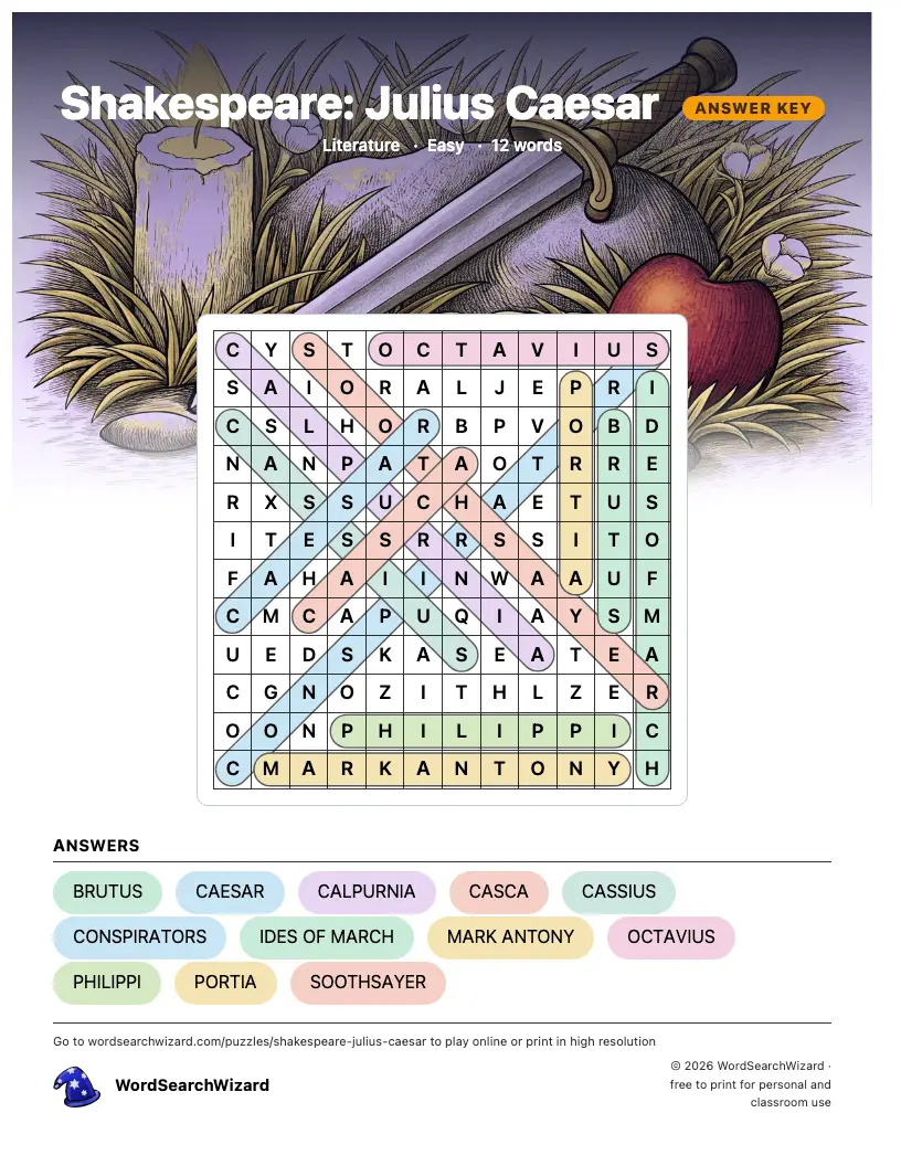 Shakespeare: Julius Caesar word search answer key, all 12 words marked