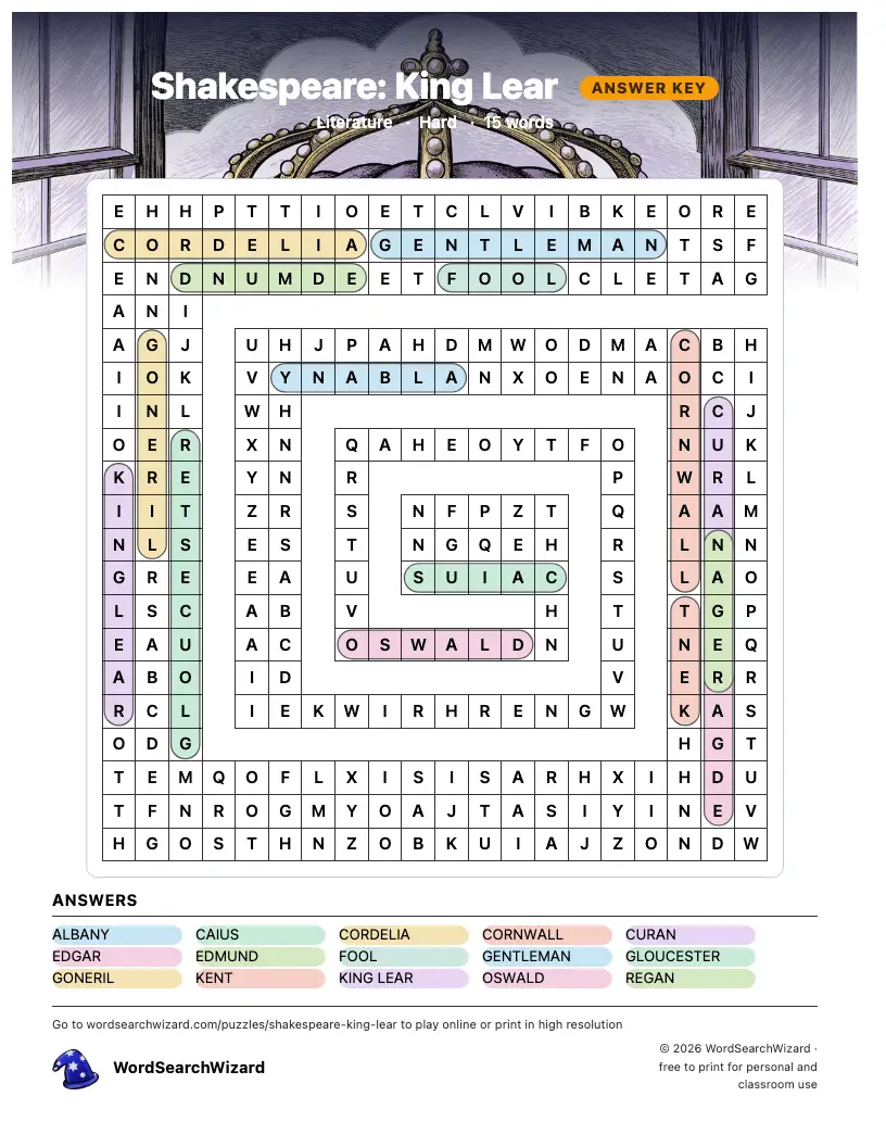 Shakespeare: King Lear word search answer key, all 15 words marked