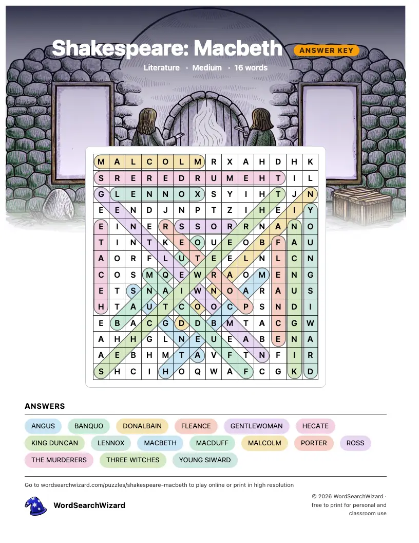 Shakespeare: Macbeth word search answer key, all 16 words marked