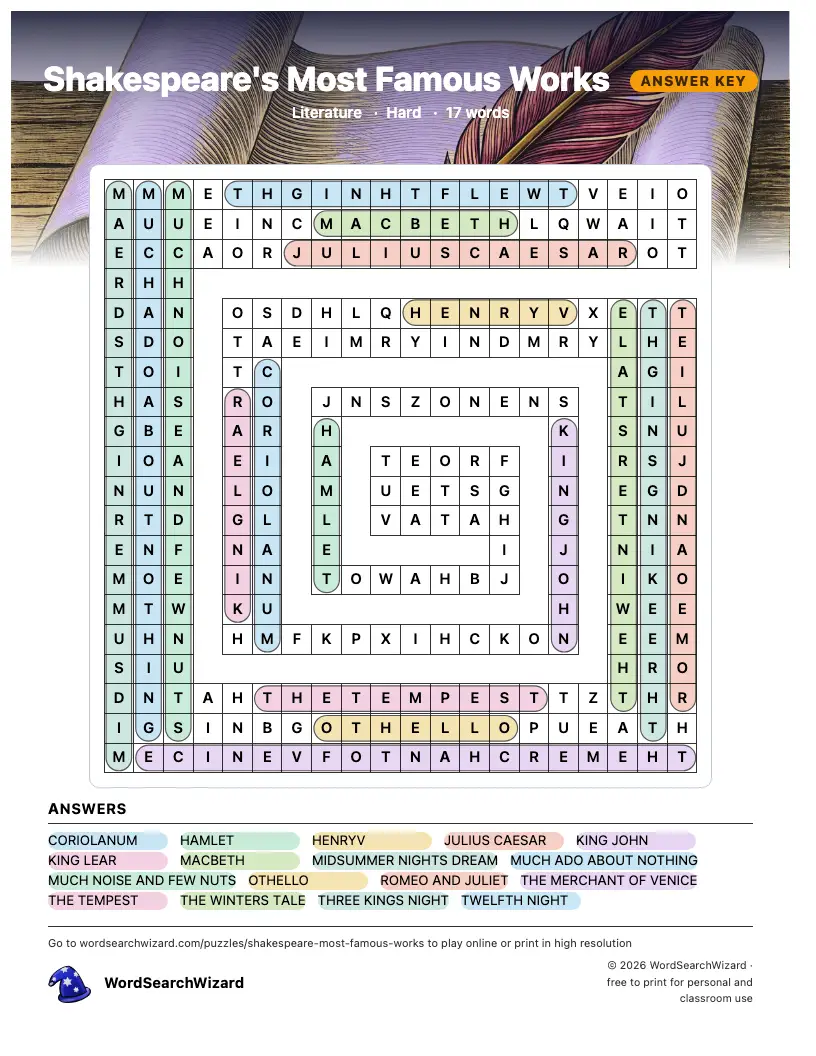 Shakespeare's Most Famous Works word search answer key, all 17 words marked