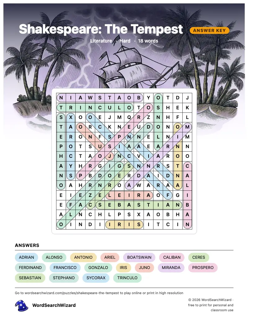 Shakespeare: The Tempest word search answer key, all 18 words marked