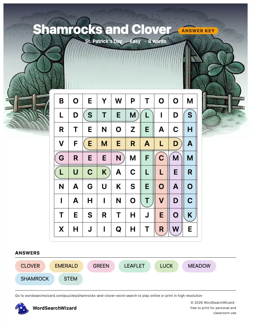 Shamrocks and Clover word search answer key, all 8 words marked