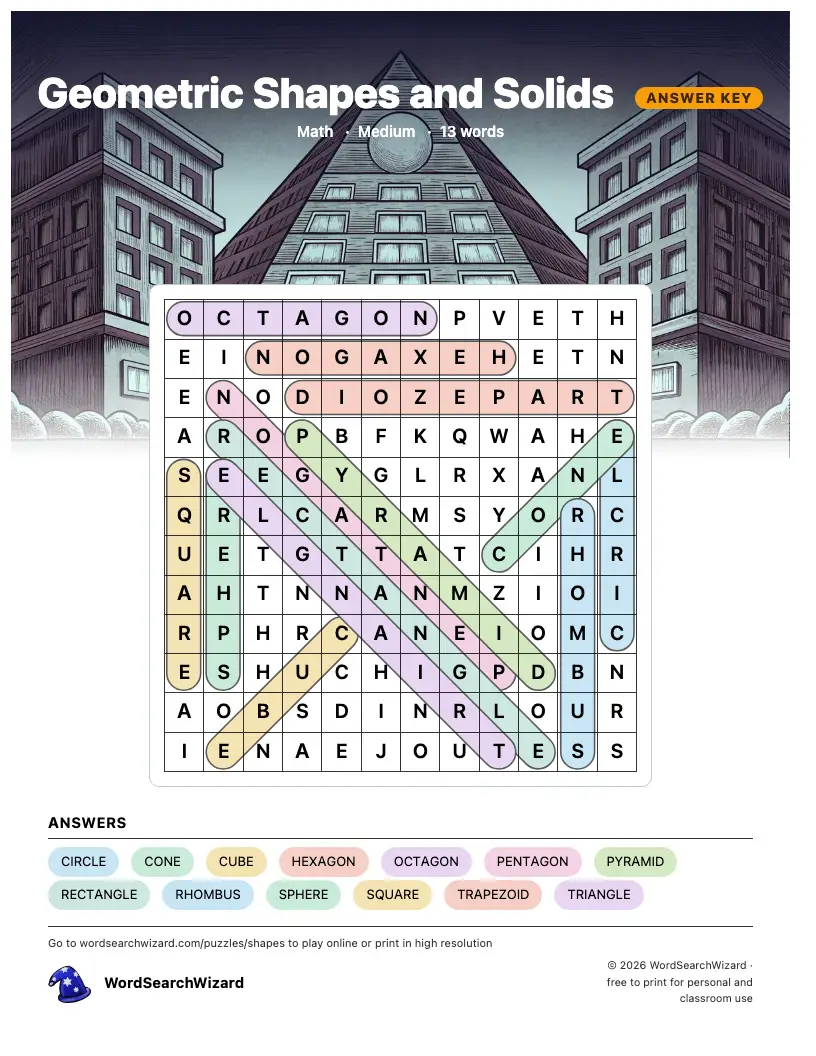 Geometric Shapes and Solids word search answer key, all 13 words marked