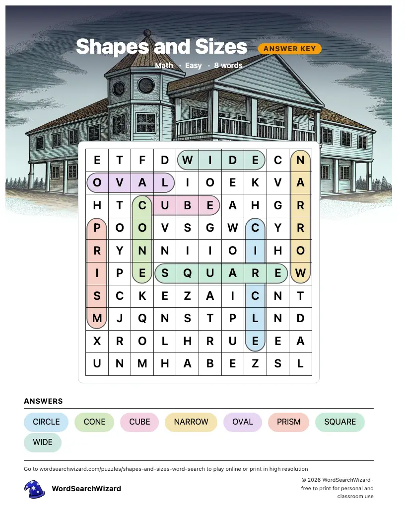 Shapes and Sizes word search answer key, all 8 words marked