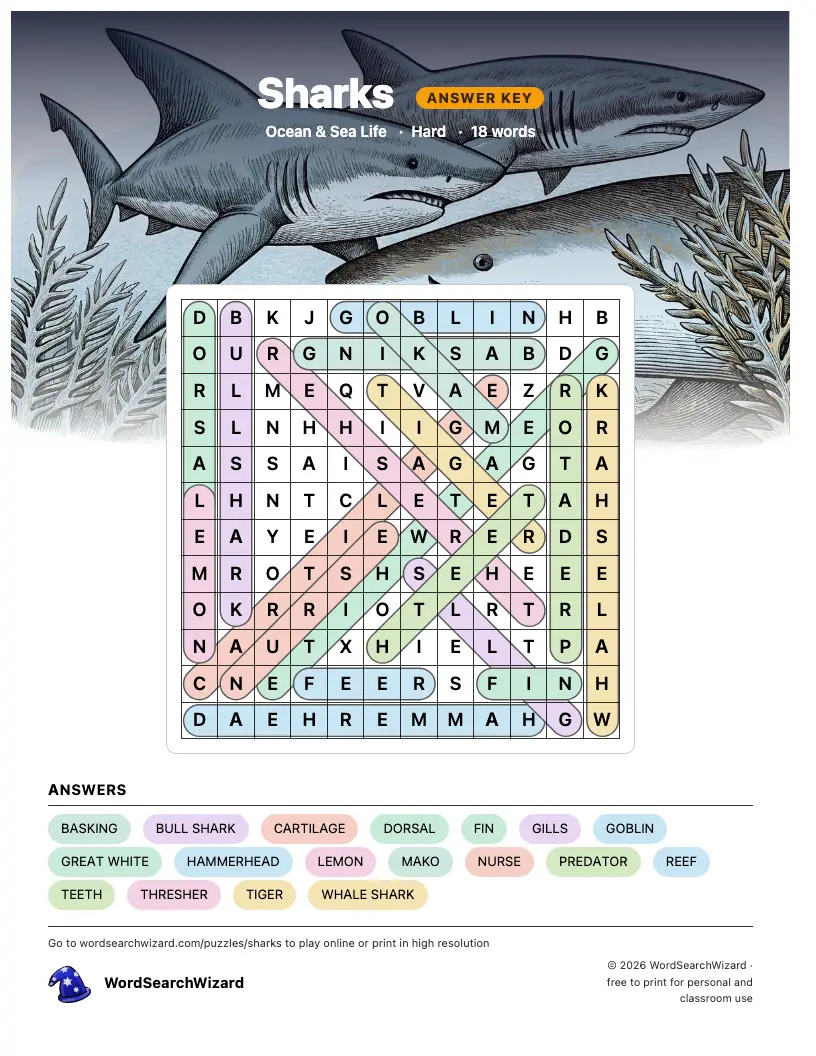 Sharks word search answer key, all 18 words marked