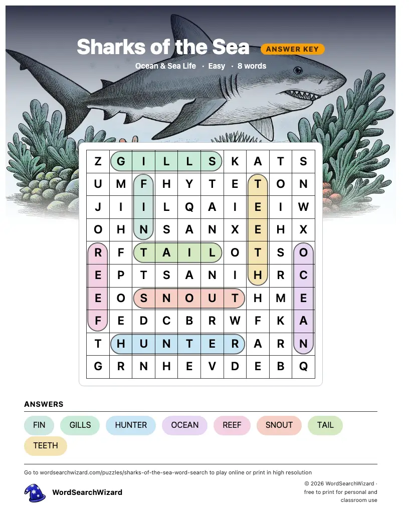 Sharks of the Sea word search answer key, all 8 words marked