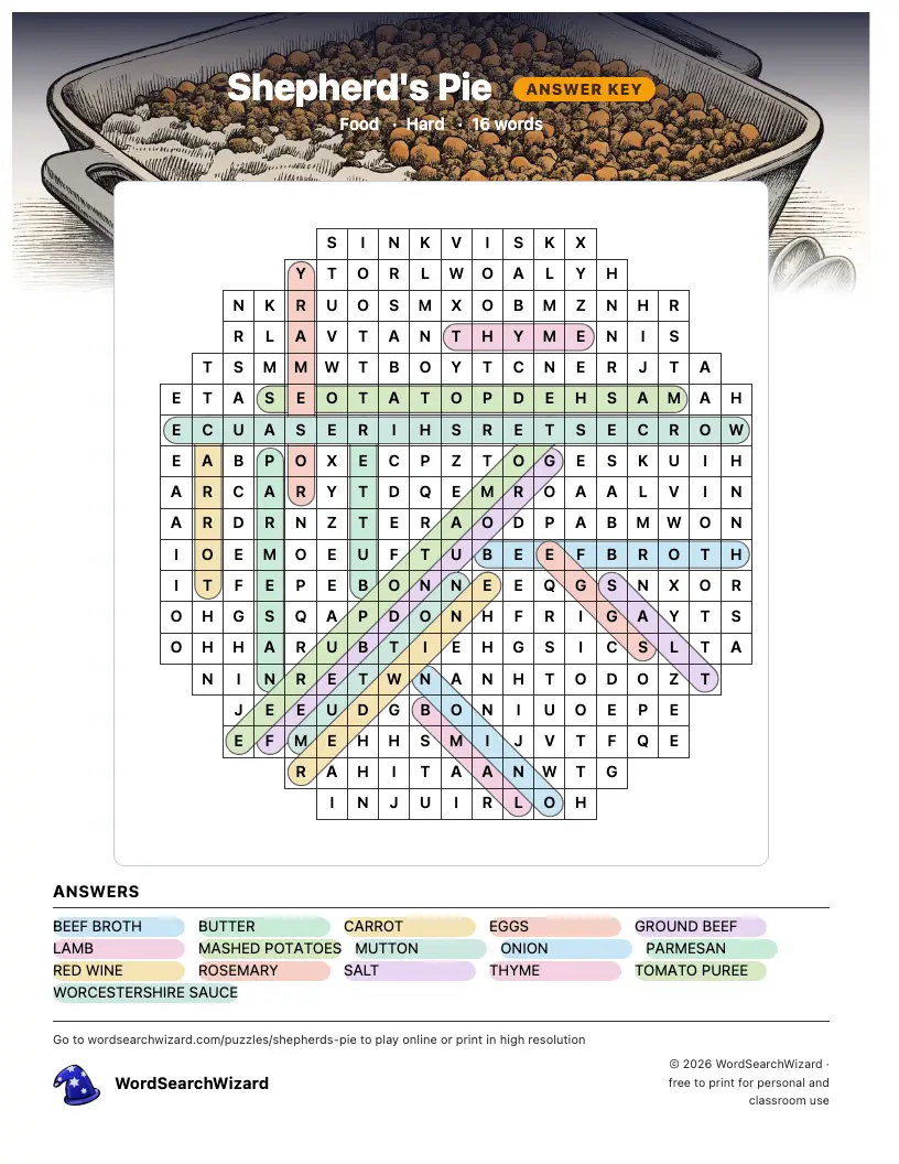 Shepherd's Pie word search answer key, all 16 words marked