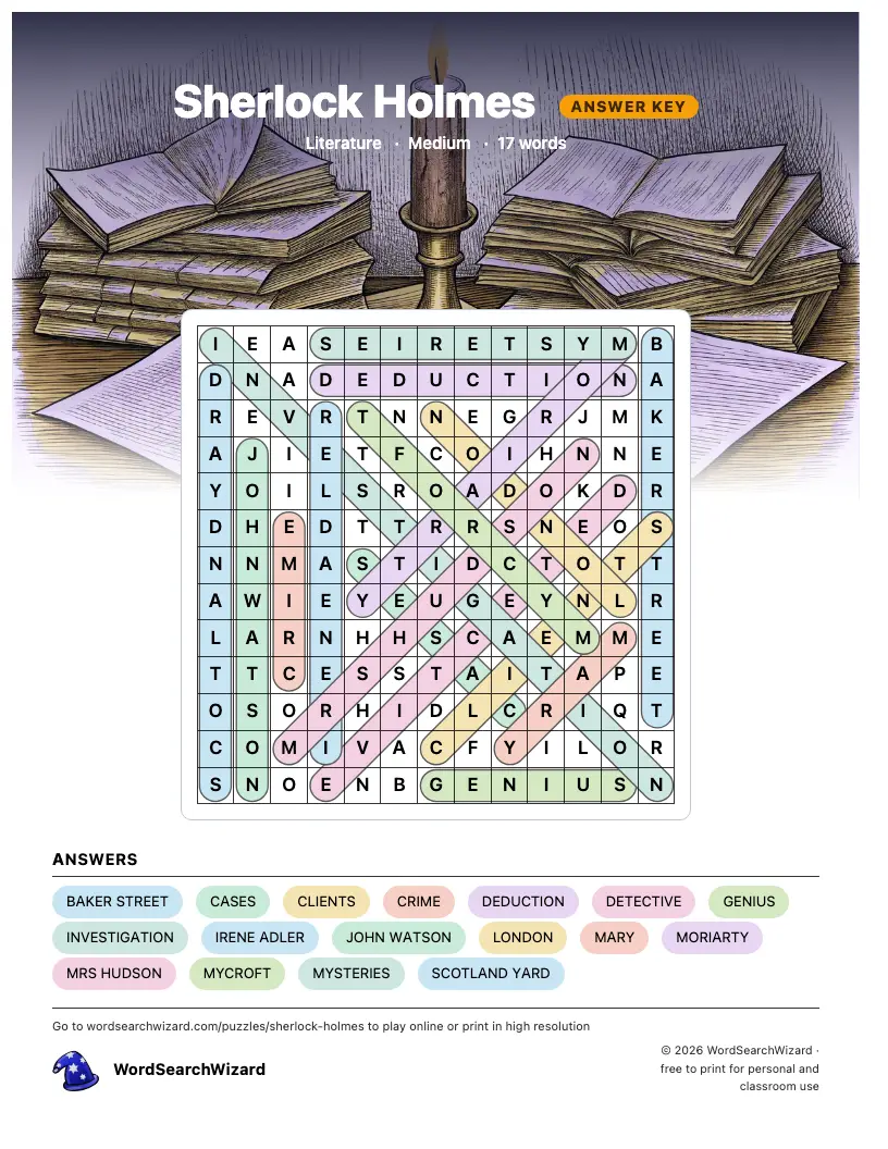 Sherlock Holmes word search answer key, all 17 words marked