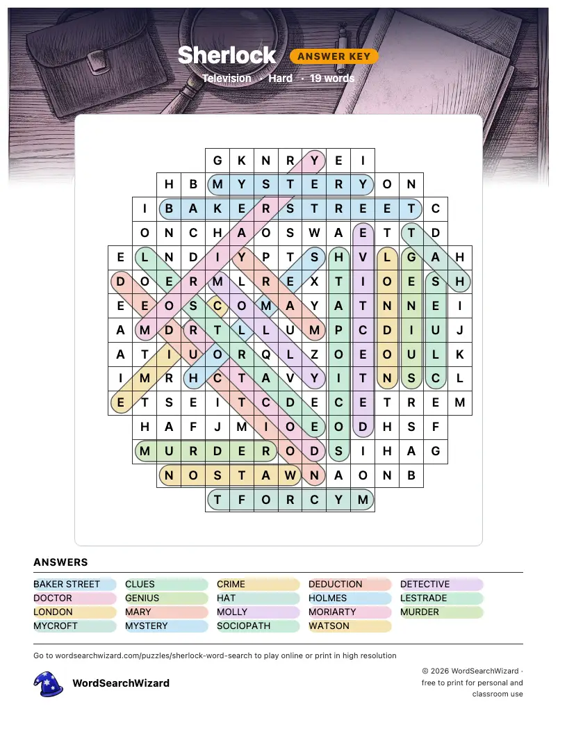 Sherlock word search answer key, all 19 words marked