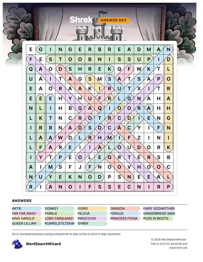 Shrek word search answer key, all 18 words marked