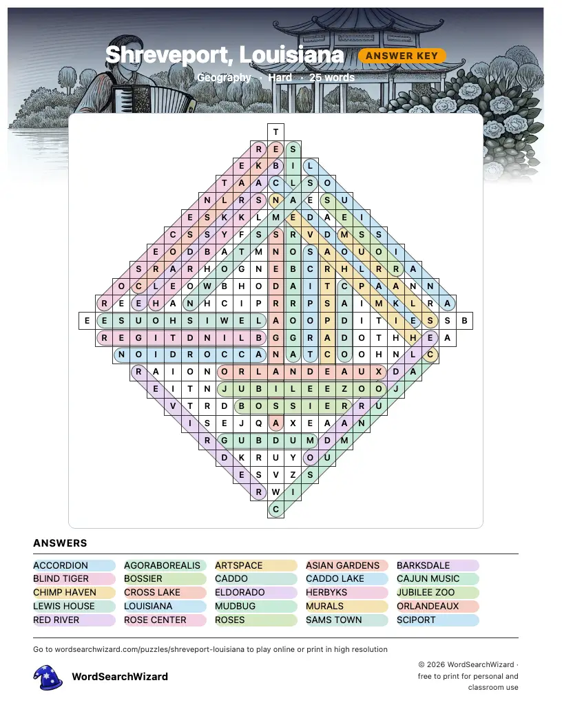 Shreveport, Louisiana word search answer key, all 25 words marked