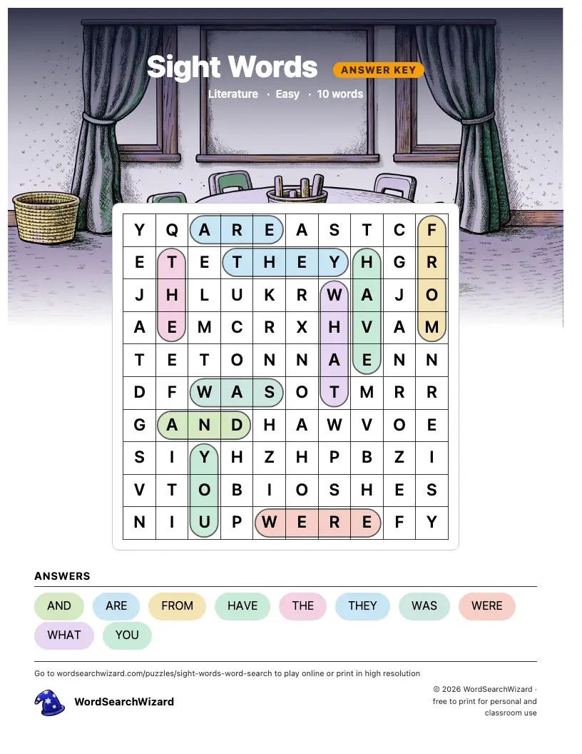 Sight Words word search answer key, all 10 words marked