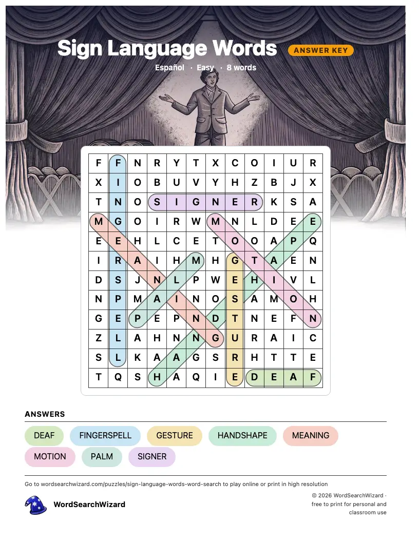 Sign Language Words word search answer key, all 8 words marked