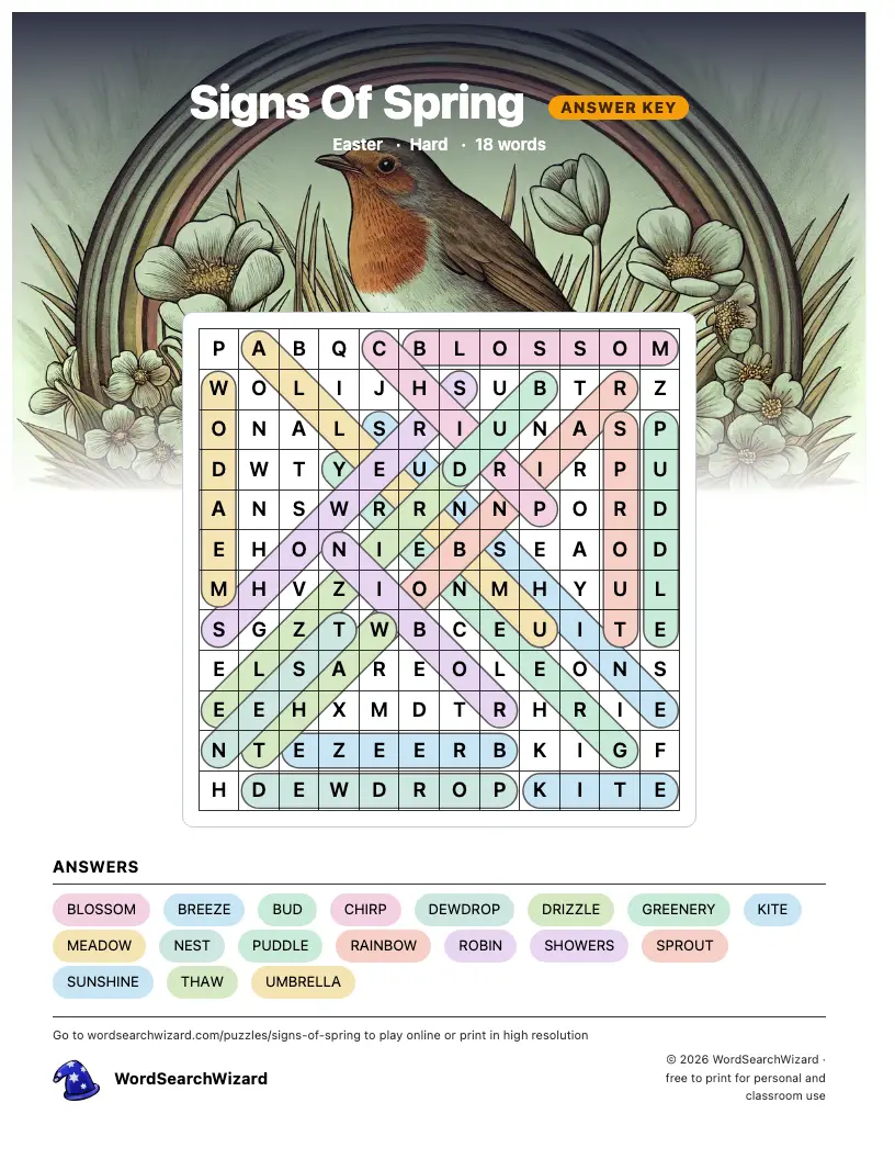 Signs Of Spring word search answer key, all 18 words marked