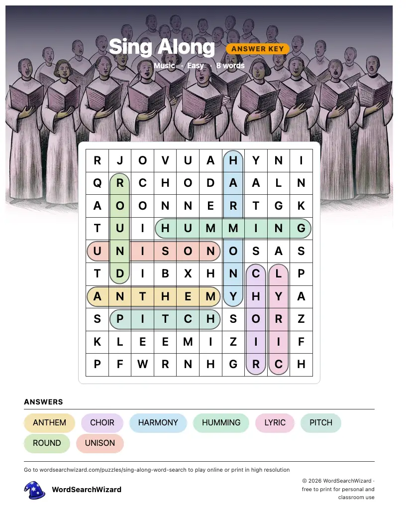 Sing Along word search answer key, all 8 words marked