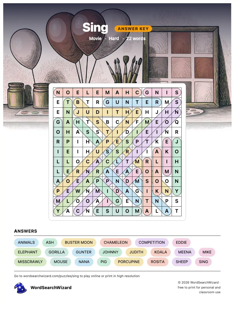 Sing word search answer key, all 22 words marked
