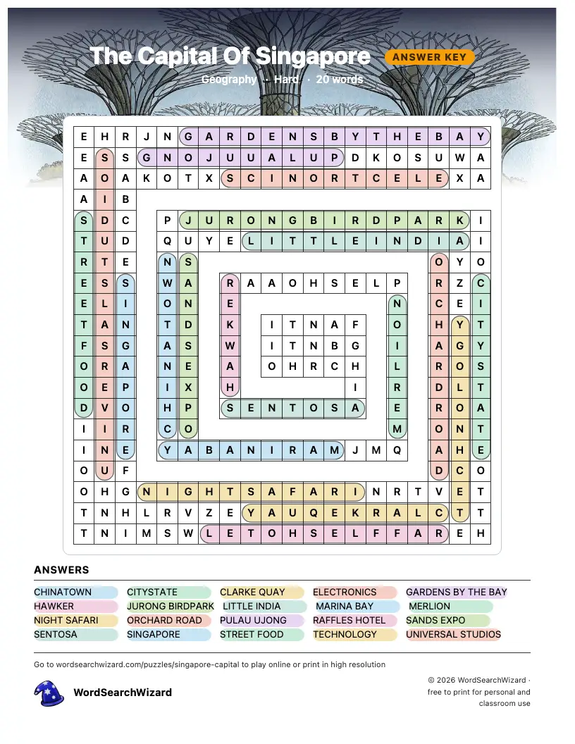 The Capital Of Singapore word search answer key, all 20 words marked
