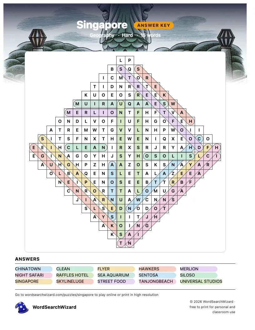 Singapore word search answer key, all 15 words marked