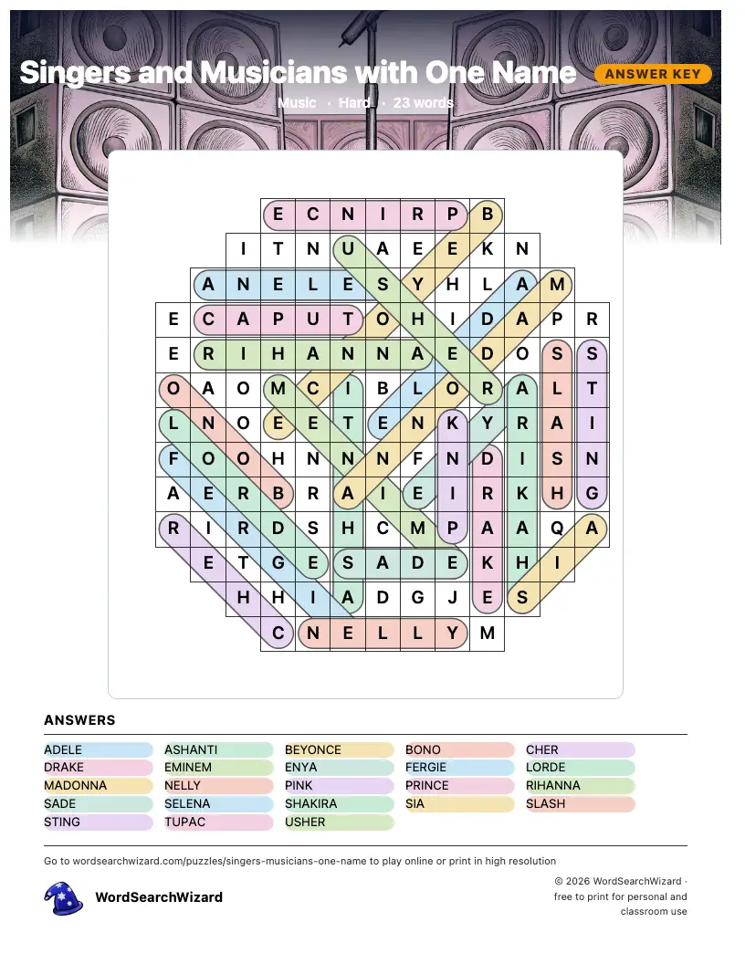 Singers and Musicians with One Name word search answer key, all 23 words marked