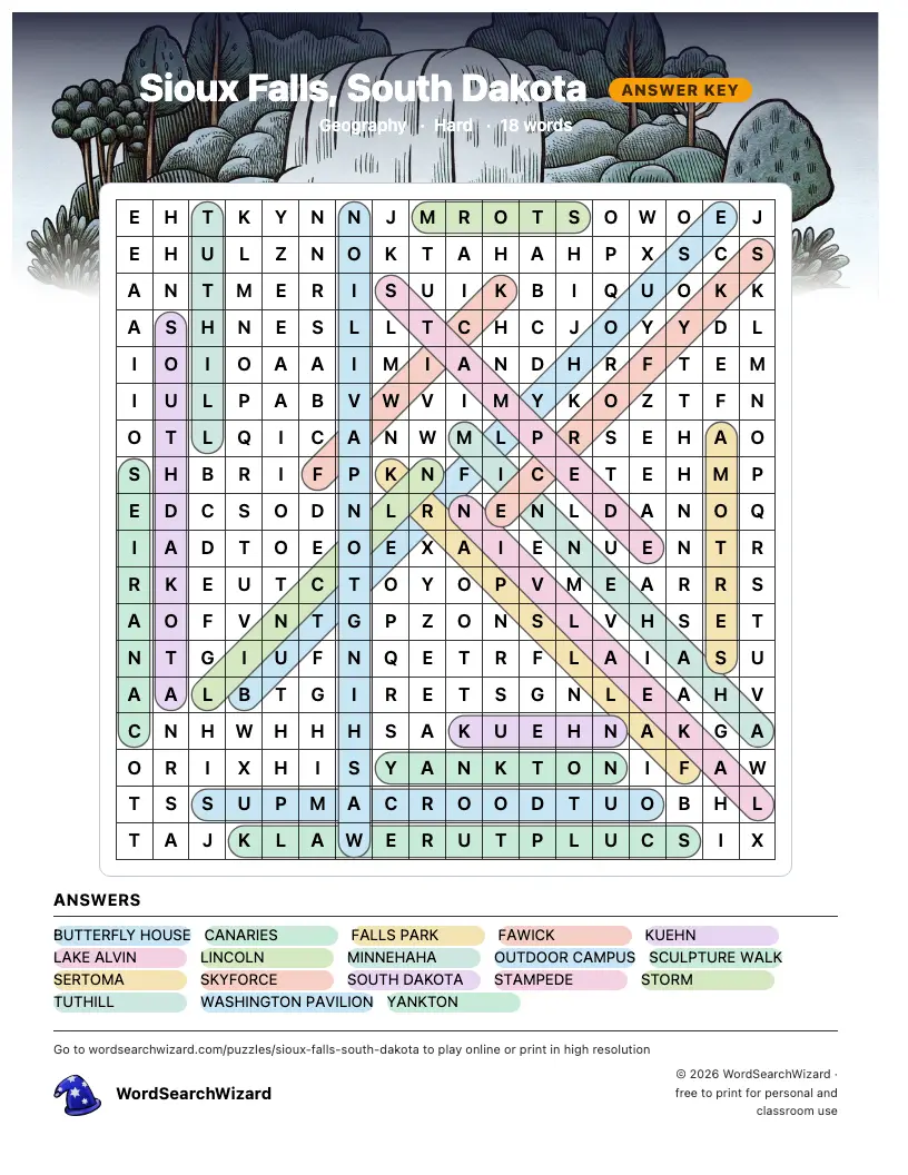 Sioux Falls, South Dakota word search answer key, all 18 words marked