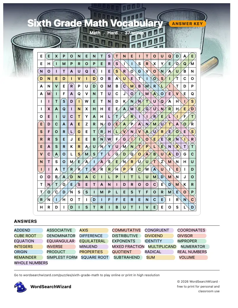 Sixth Grade Math Vocabulary word search answer key, all 37 words marked