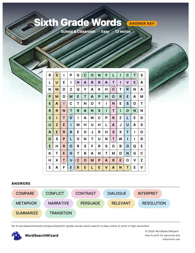 Sixth Grade Words word search answer key, all 12 words marked