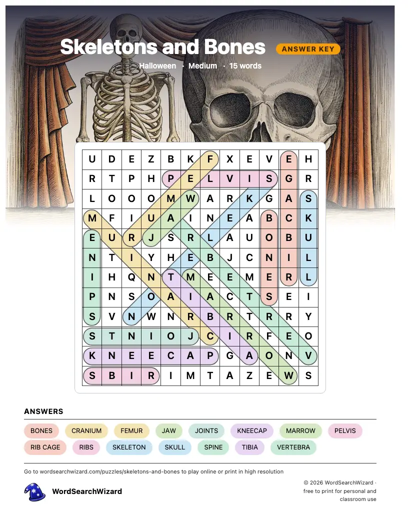 Skeletons and Bones word search answer key, all 15 words marked