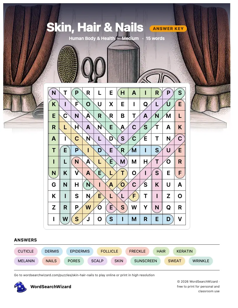Skin, Hair & Nails word search answer key, all 15 words marked