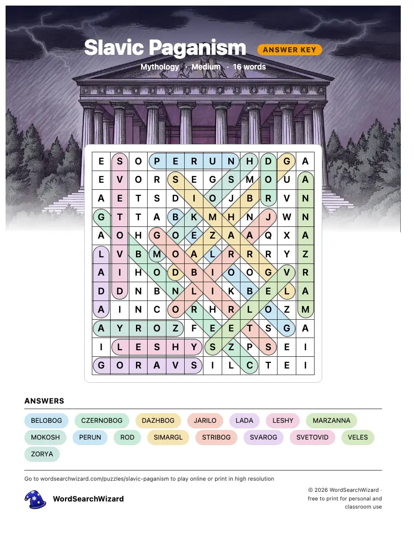 Slavic Paganism word search answer key, all 16 words marked
