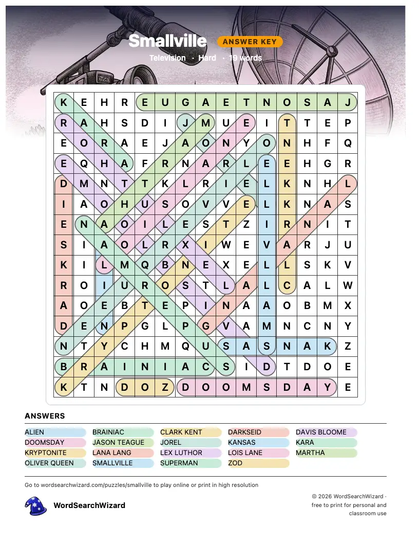 Smallville word search answer key, all 19 words marked
