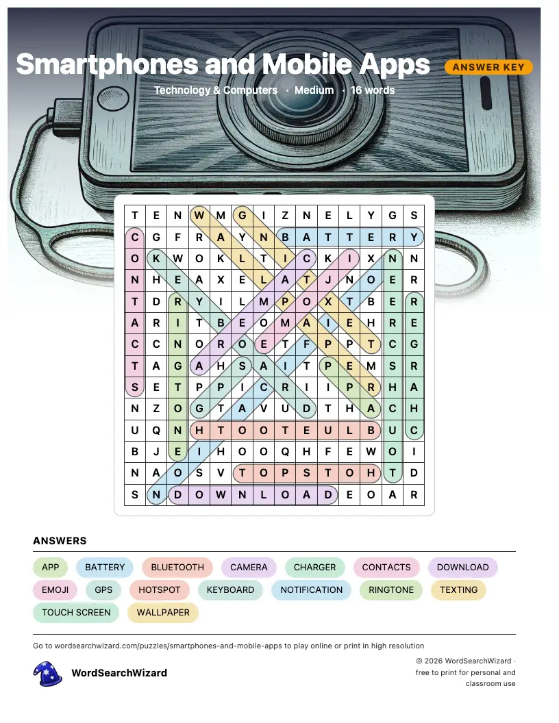 Smartphones and Mobile Apps word search answer key, all 16 words marked